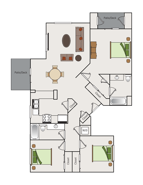 Floor plan for 3 beds, 2 baths, 1213 sqft